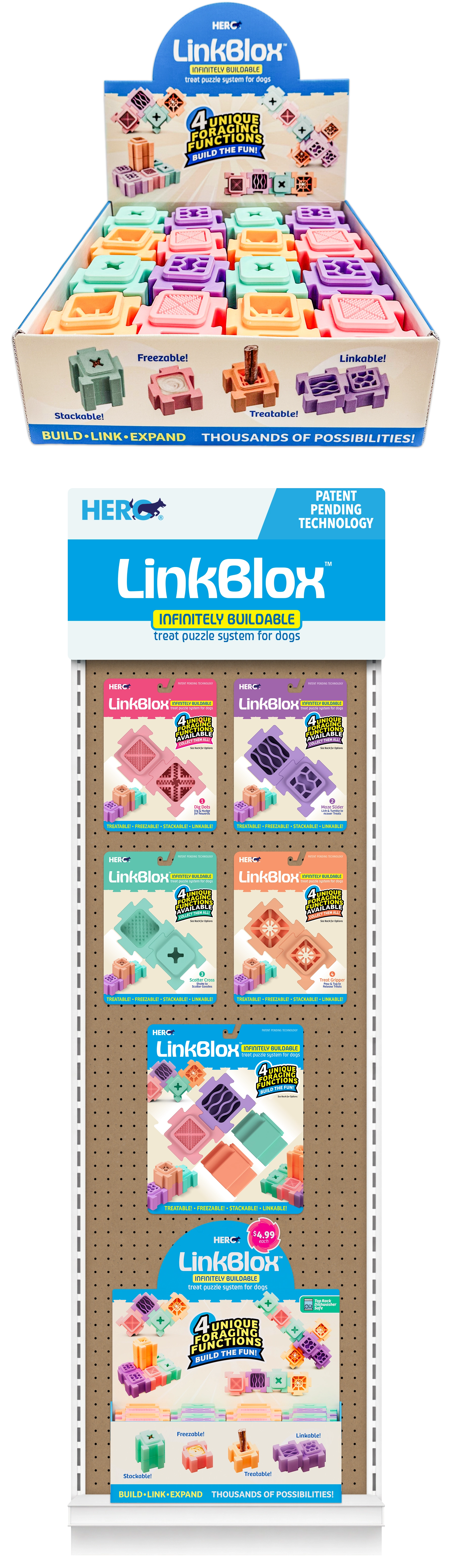 HERO LinkBlox retail display case showing 16 blocks in four colors, mint, lavender, peach, and pink, with the four foraging functions called out along the bottom