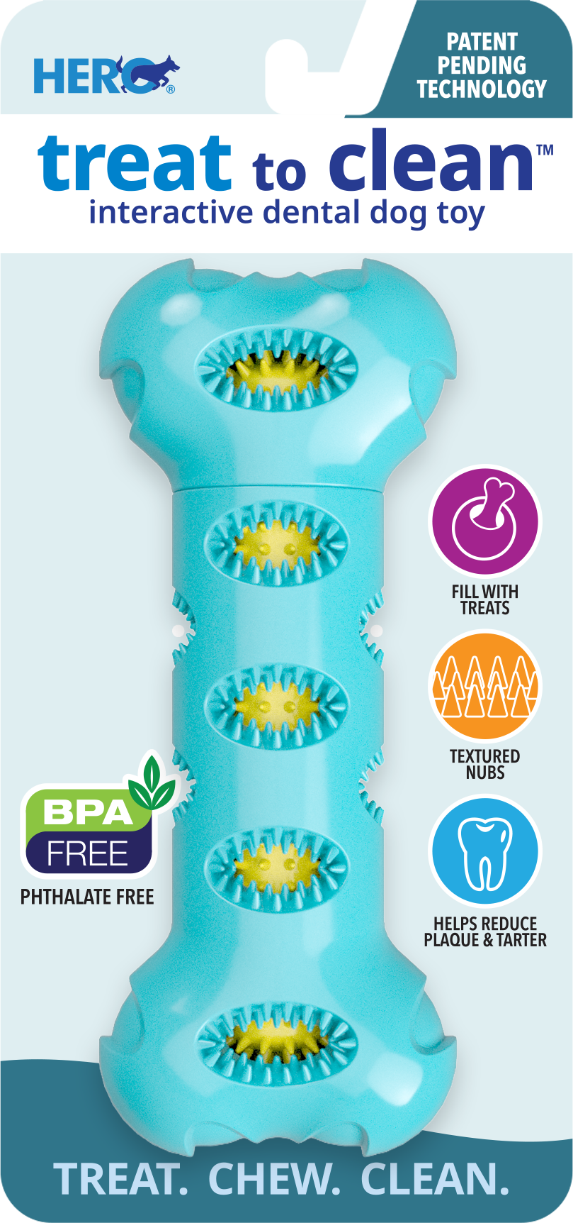 HERO Treat to Clean teal Dental Bone interactive dog toy on retail packaging