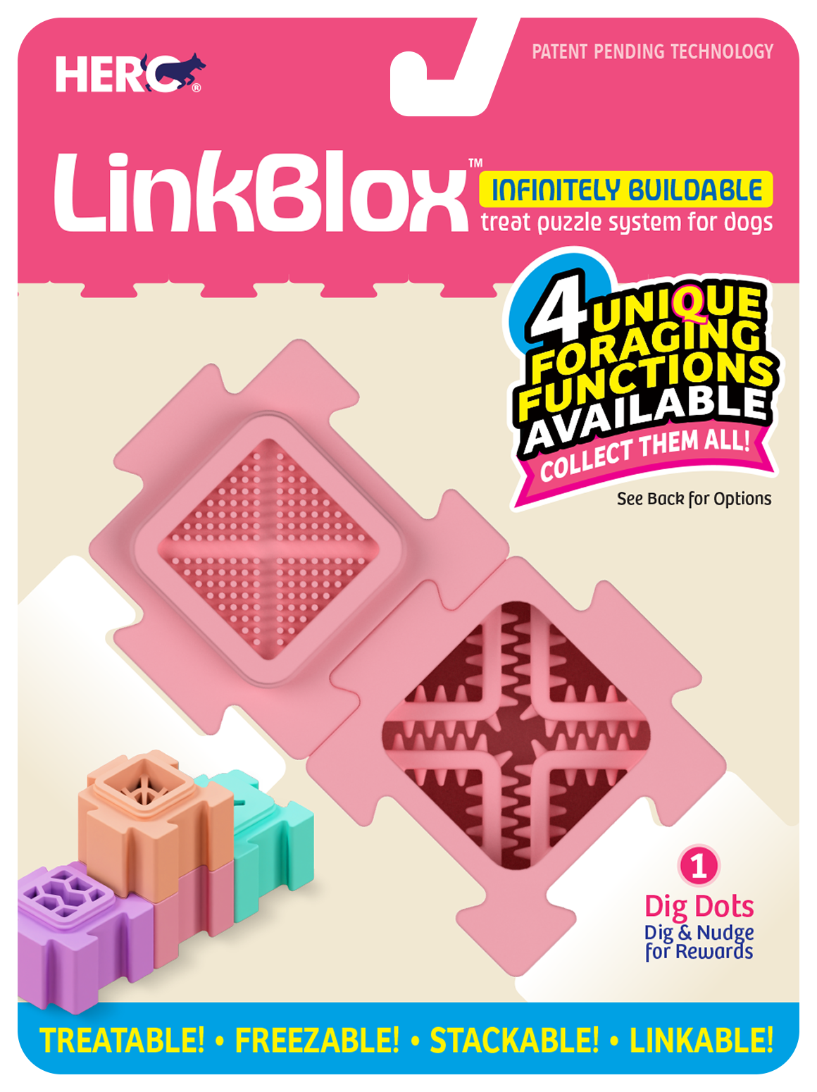 Two pink HERO LinkBlox linked together, one showing a raised dot lick-mat chamber and the other a spiked foraging chamber
