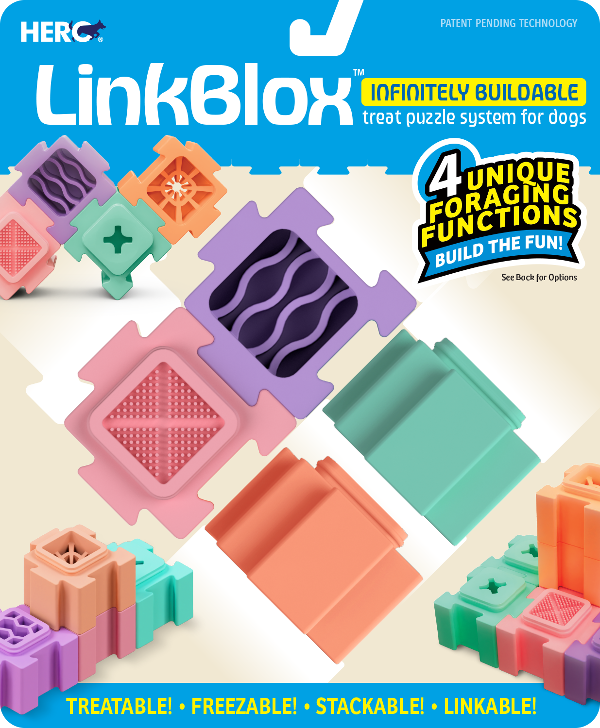 Two pink HERO LinkBlox linked together, one showing a raised dot lick-mat chamber and the other a spiked foraging chamber