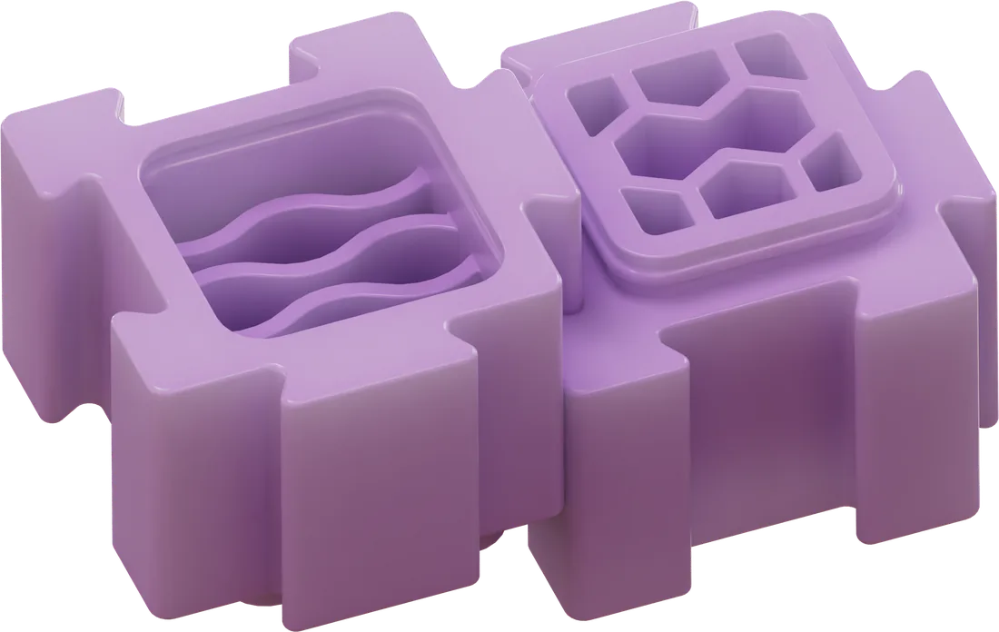 Two lavender purple HERO LinkBlox linked together, one open showing a hexagon lattice chamber and the other a wavy channel chamber