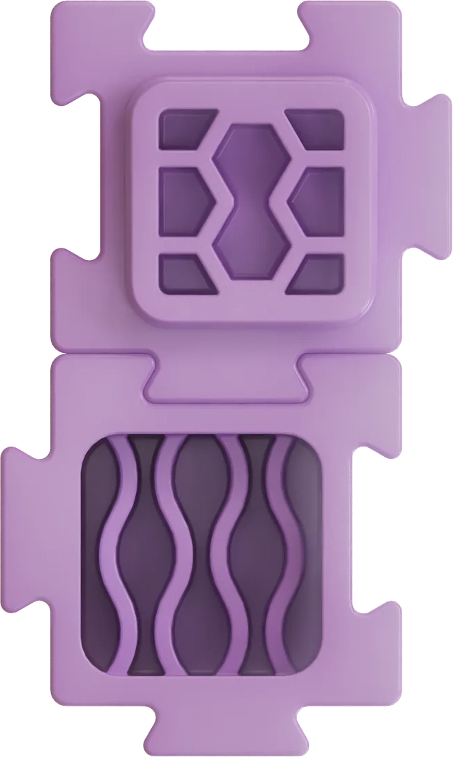 Two purple HERO LinkBlox puzzle blocks linked together, one showing a hexagon lattice chamber and the other a wavy channel chamber
