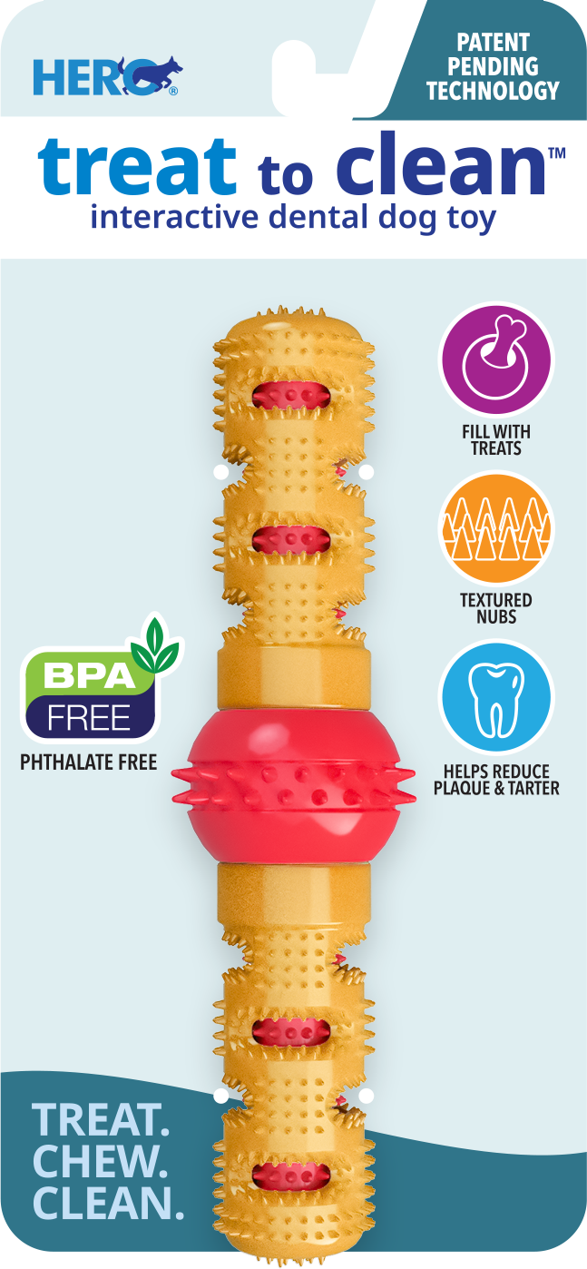 HERO Treat to Clean teal Dental Stick interactive dental dog toy on retail packaging